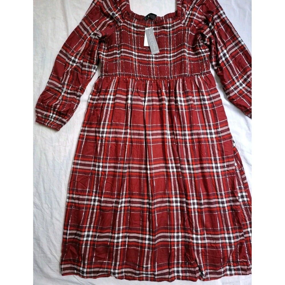 Lane Bryant Dress Red Plaid Square Neck Smocked Balloon Sleeves Womens 18/20 NWT - Picture 4 of 14